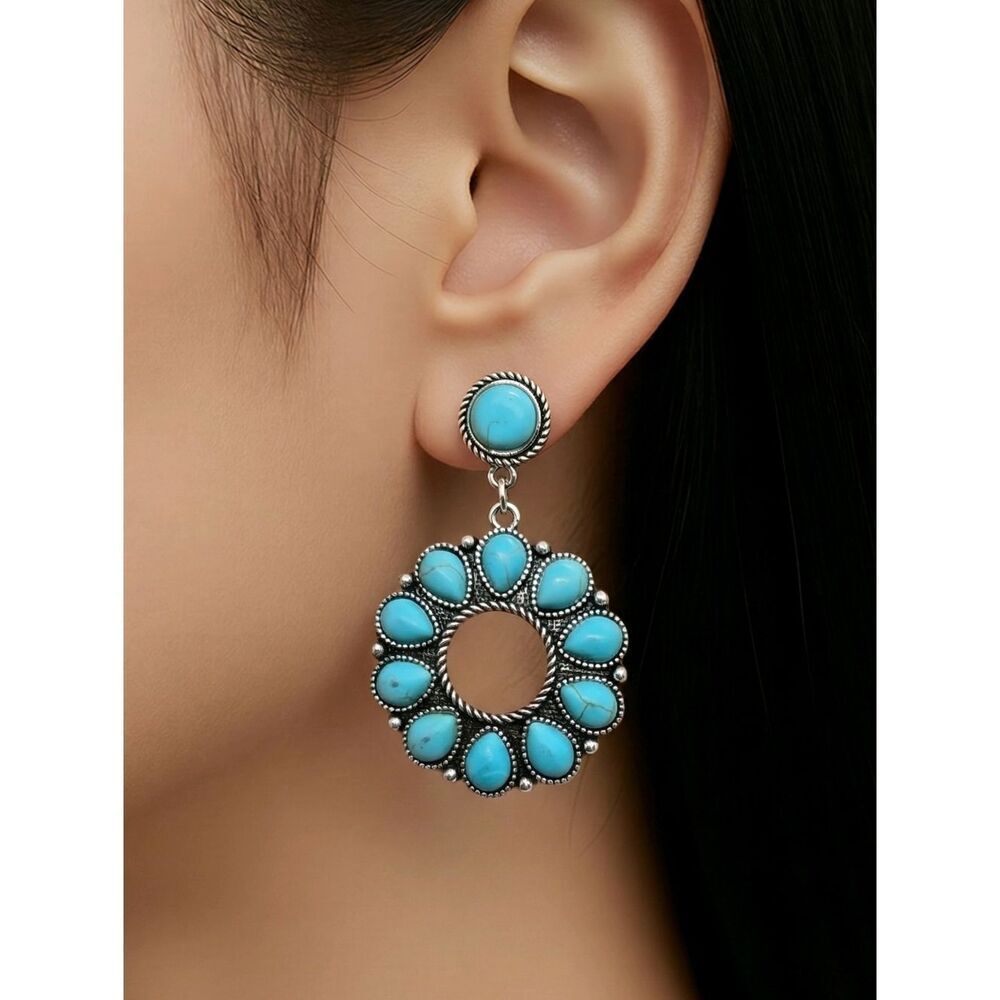 Turquoise Floral Concho Dangle Earrings Silver Southwestern Boho Western Cowgirl